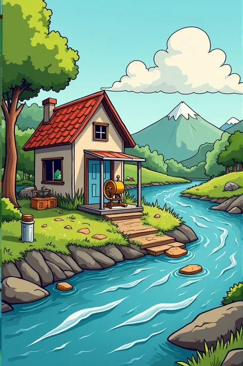 Now, Draw in cartoon, a river with a current, next to a low-income family&#39;s house WITHOUT any source of electricity (In the river there must be a small Archimedes screw enclosed in a rectangular metal structure that allows the Archimedes screw to be ob...