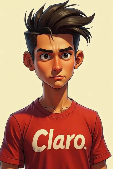 Make a warm skinned boy with his hair up, Happy and dressed in a red shirt that says Claro in Spanish, make it serious and with manly features, or you&#39;re 30 years old, make it look like a cartoon and with your hair up.
