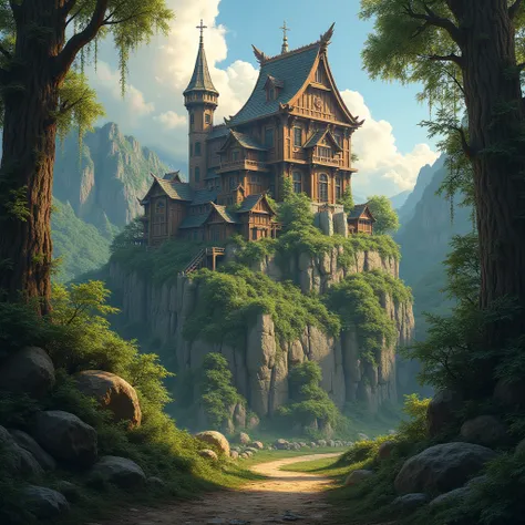 (masterpiece, high quality, 8K Ultra HD, highly detailed, oil painting), wooden citadel in forest, (in the world of Conan the Barbarian (also known as Conan the Cimmerian) written by Robert E. Howard), heroic fantasy,
