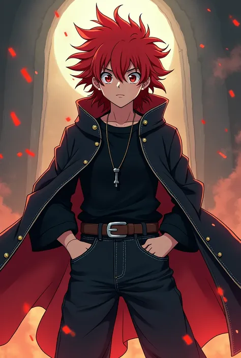 create a young red-haired jujutsu wizard, With black clothes and wide jeans full of side pockets, cute in the Jujutsu Kaisen style