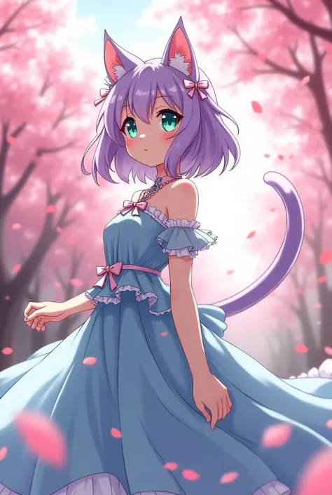 Anime art style, enchanting catgirl character, playful and whimsical features, soft lavender fur accentuated with streaks of pink, large expressive emerald green eyes sparkling with mischief, delicate cat ears perked up atop her head, elegantly flowing cer...