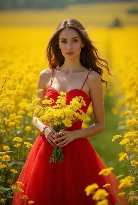 I want a full body girl in a red dress with long hair and a bouquet of yellow flowers in her hands in a place full of yellow flowers , award winning cinematic shot