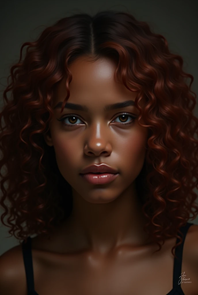 Beautiful dark-skinned girl with reddish-brown curly hair, dark brown eyes 