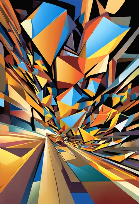 "Visualize a cubist interpretation of a heart, Floating through the sky above a lively and dynamic street. Break the shape down into geometric shapes and fragmented planes, To capture its movement and energy in a unique and abstract way. Integrate golden c...