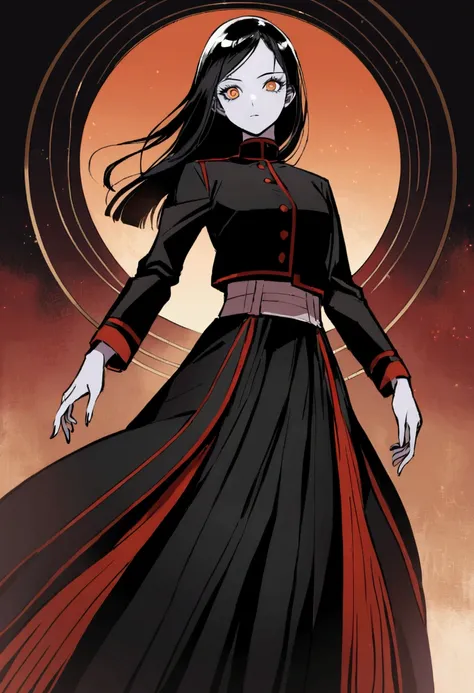 Short and thin, with white skin, straight black hair that reaches her waist and a fringe that frames her round and delicate face. Her dark brown, almond-shaped eyes reflect her intensity. She wears the Jujutsu Academy uniform with a long skirt and a large ...