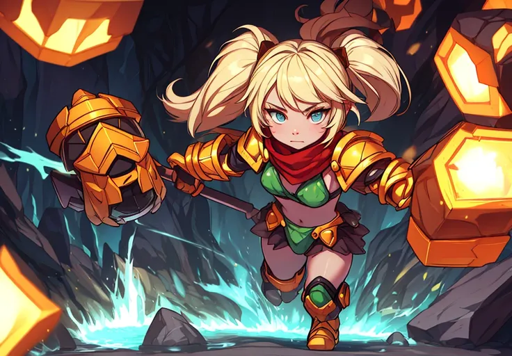 cute_face, beautiful, best_quality, good_anatomy, , holding hammer, impact, attack face,  arena, crowd, lights, speed lines, yordle, , poppy (league of legends), blonde hair, twintails, armor, , little body, shortstack, alone, 1girl, bikini armor, navel, s...