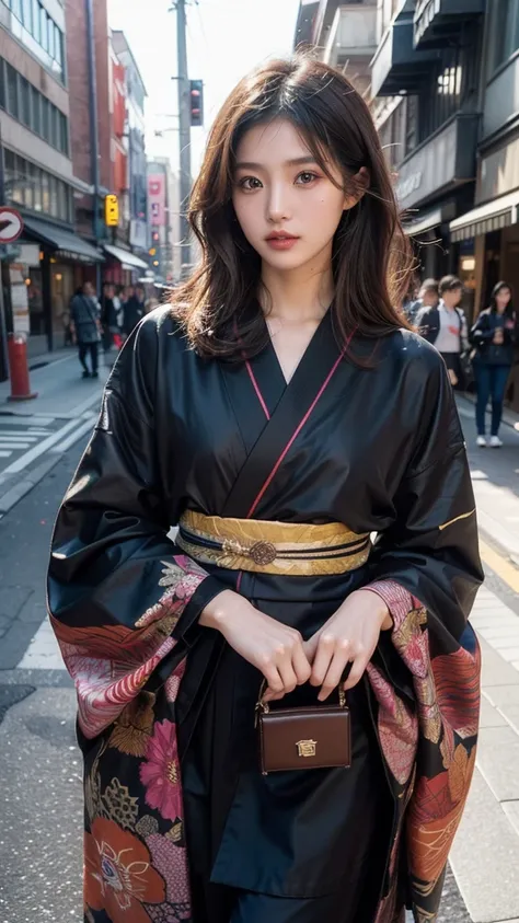 beautiful japanese supermodel woman, a lock of hair with slight highlights, black eyes, sexy，street background，gorgeous kimono ,...