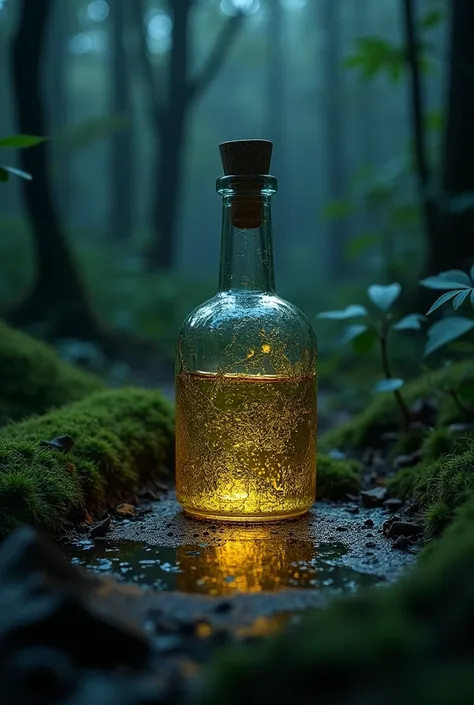 (photorealism:1.2),  a tiny bottle, with ancient African design, small, spilt, oozing clear oil, in the forest floor, in the night. 