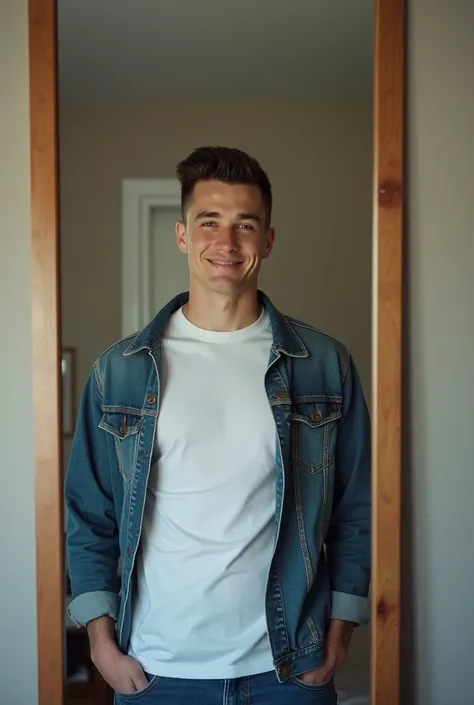 A young, athletic and handsome 2 Canadian, He is wearing a white basic shirt and a denim jacket. He is taking a photo in front of the mirror in his room. 