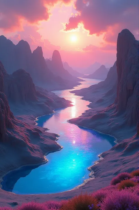 A science fiction landscape with rich and rare and colorful lakes