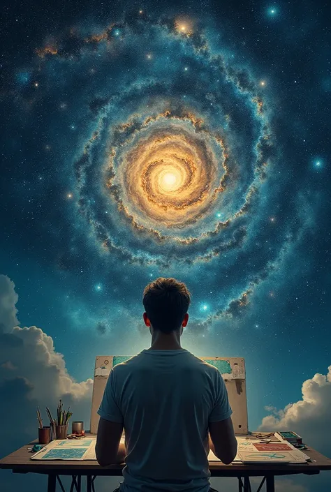 a guy painting, only showing upper body, the background is the universe/galaxies, meanwhile the guys top head where his hair is, is open and there are astronomy zodiac sign stars going out of his head, in the center is the cancer zodiac sign