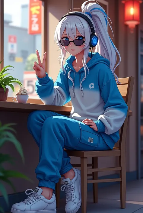 Anime Demon Girl, long white hair with blue highlights in her hair, ponytail hairstyle, Wear cargo pants and a sweatshirt, both blue and white, white tennis shoes sunglasses wearing headphones making peace signs, sitting, in a cafe on a Japanese street 