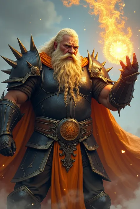 male, dwarf, (Masterpiece 1.5, intense details)cleric, paladin, (Masterpiece 1.5, intense details), casting a spell (Masterpiece 1.3, intense details),wearing heavy black armor with spikes (Masterpiece 1.2, intense details), orange cloak with sun symbol, f...