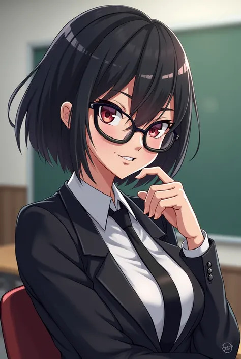 bayonetta cereza, teacher uniform, glasses, short hair, anime style