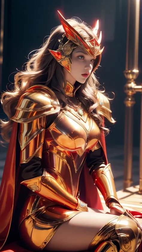 Top quality, masterpiece, ultra high definition, Original photo, 1 Girl, ((slim body)), ((wavy sardine)), cinematic lighting, very long hair, detailed eyes, wind, necklace, piercing, ((metallic cospaly)), ((ironic outfit)), ((red armor)), ((electric cape))...