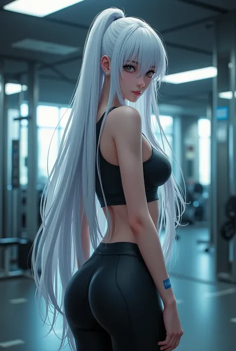 girl with long white hair with hair hitting her ass with a cold and provocative look and beautiful at the gym with gym pants and anime style cropped top