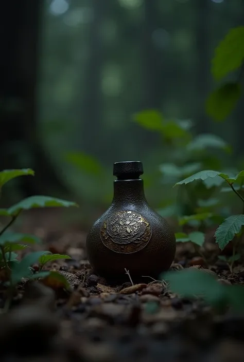 (photorealism:1.2),  a tiny, dark brown gourd bottle, with ancient African design, small, open, lying on the side, oozing clear oil, in the forest floor, dark night. 