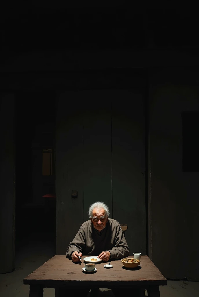 old man eating alone at a table, realistic