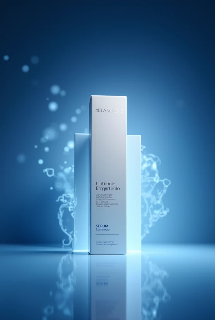 Create packaging for a dermatological product, a serum, with the name MELASCLEAR SERUM CONCENTRADO. With the white packaging colors and the dark blue and white background with lights