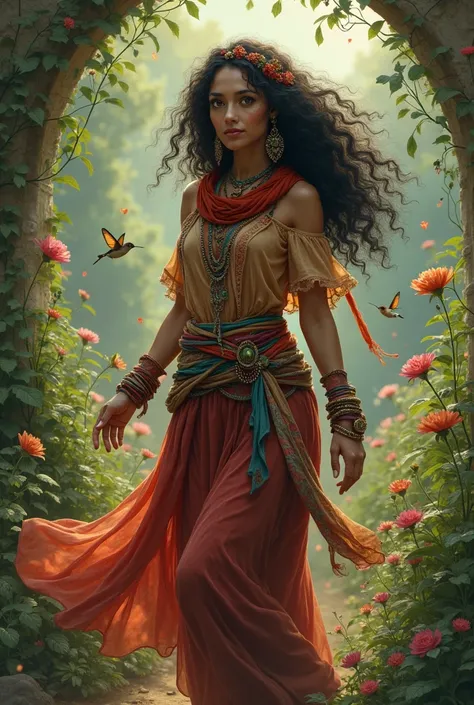 a gypsy woman, brown-eyed, curly-haired woman walking through a garden
