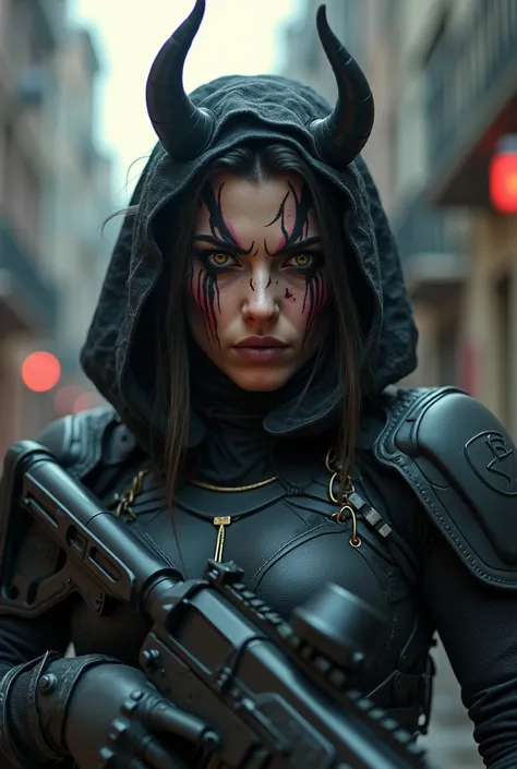 cinematic scene of a cyberpunk style warrior, with devil&#39;s mascara oni  , Fierce, gleaming eyes with state-of-the-art bulletproof armor,Tactical black color, carrying a shotgun , warlike and decadent background, hyperrealistic image, Natural light, Set...