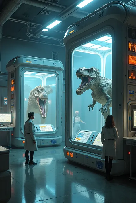 I want a picture with scientists in a lab, in this lab there are two big vocals the first contains a dragon and the second contains a dinosaur 