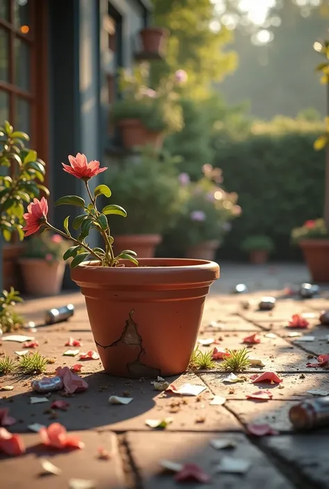 Create an image of a broken flower pot with a patio in the background with trash from a  that ended, in the morning 
