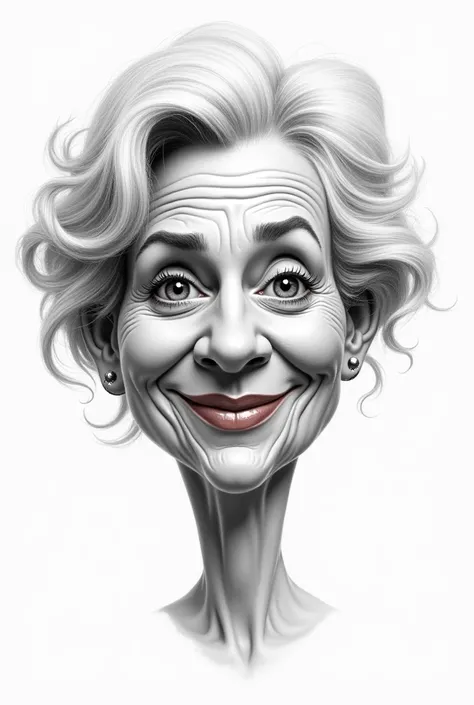 Imagine a realistic and comical caricature of a 70-year-old woman&#39;s face drawn with a black pencil only on a large piece of white paper.. She looking straight ahead and smiling.  Only her lips are red. It has no wrinkles.