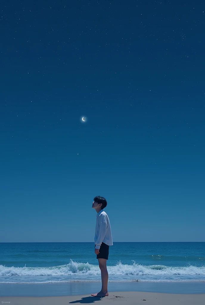 Jeon Jungkook of BTS in a beach at night, black messy hair, white full sleeve shirt with black shorts, stars at the sky, standing, looking at the sky/stars, barefoot