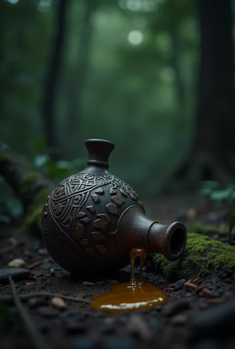 (photorealism:1.2),  a tiny, dark brown gourd bottle, with ancient African design, small, open, lies in its side, on the floor, spilling clear oil, in the forest floor, dark night. 