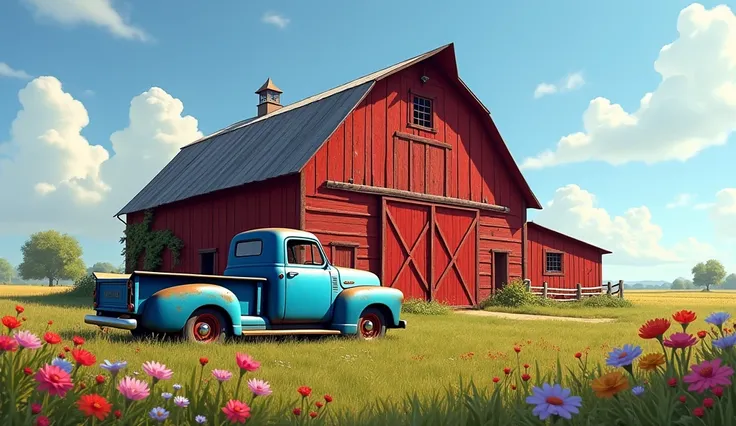 An old red barn in a field of wild flowers with An old truck parked near it the truck make a worn blue color with a lil rust spots on it.. want to make it as realisic as posible