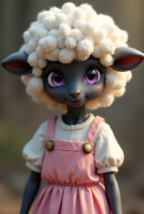  a demi-human sheep girl. White curly hair and cute purple eyes. black skin. sheep ears. Cute peasant outfit.  work of art. high quality. Correct and perfect anatomy.