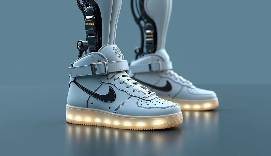 An elegant robot, wearing white Air Force sneakers.