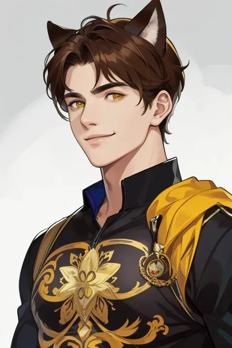 masterpiece, The best quality, realistic, 1 man, male approach, tall muscular, elegant, [thick eyebrows:0.5], smile, Extremely detailed musculoskeletal system, brown hair (short hair)Yellow eyes, dog ears