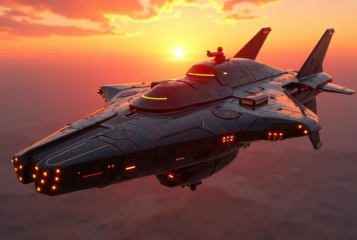 Futuristic interstellar combat ship in the shape of a futuristic attack stingray Biomechanical metallic, Black and red color with gold details, shoots blue laser beams, Beautiful sunset, ultra detailed, Hiper realistic, 4k, ultra detailed image, realistic,...