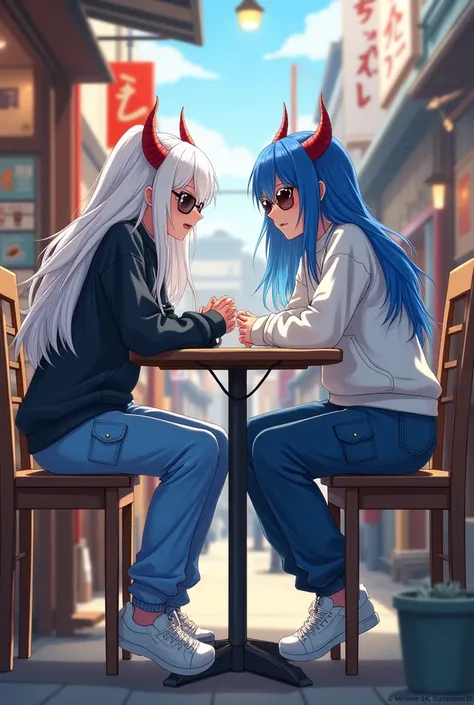 Two Demon Girls with white and blue hair, Cargo pants sweatshirt both blue and white, white tennis shoes sunglasses sitting in a cafe on a Japanese street, expression of the girls talking 