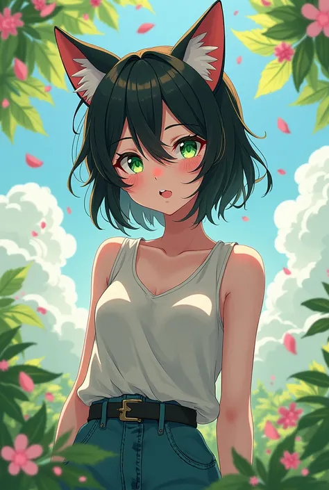 Anime art style, captivating female character, enchanting cat ears perked playfully atop her head, short glossy black hair gently tousled, vibrant green eyes sparkling with curiosity and life, intricate detailing enhancing  features, warm blush on cheeks a...