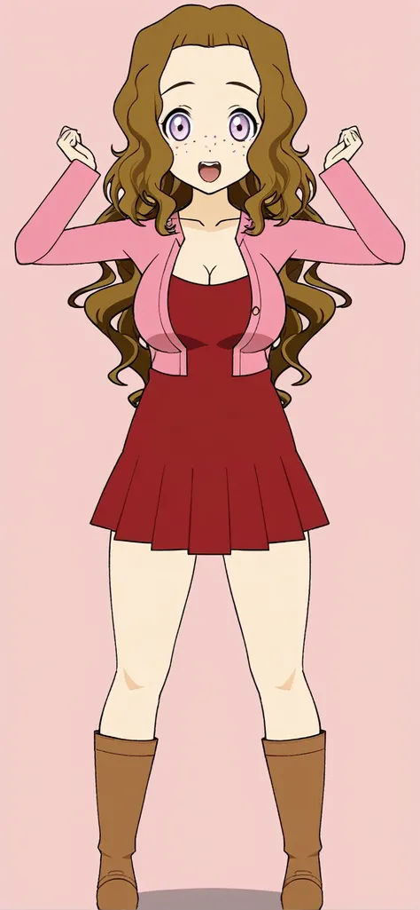 a cartoon girl in a red dress and brown boots posing, amy rose red dress, dressed in a pink dress, inspired by Tsuruko Yamazaki, inspired by Taiyō Matsumoto, marin kitagawa fanart, wearing a pink dress, !!full body portrait!!, junko enoshima from danganron...