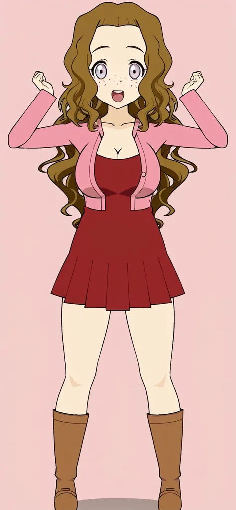 a cartoon girl in a red dress and brown boots posing, amy rose red dress, dressed in a pink dress, inspired by Tsuruko Yamazaki, inspired by Taiyō Matsumoto, marin kitagawa fanart, wearing a pink dress, !!full body portrait!!, junko enoshima from danganron...