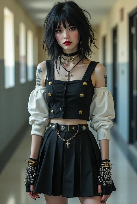 *Im wearing a school uniform, except with a few touches of my own, I wearing ripped black star tights under the uniform skirt, with black open toed heels with small gold and silver star pieces hanging off of them, a light black baggy sweater over the unifo...