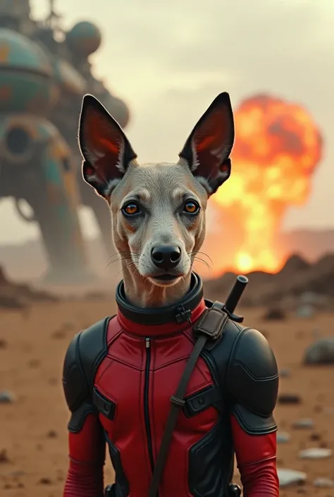 A dog, a Chinese Crested,in a deadpool suit in a post-apocalyptic wasteland, explosion in the background, close-up view of a derelict space station, highly detailed, cinematic lighting, dramatic colors, intricate mechanical details, rusted textures, dynami...