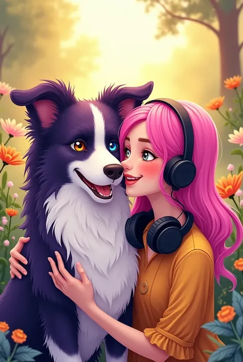 Vibrant purple border collie, exquisitely fluffy fur, deep violet shades glistening under soft light, playful demeanor, one mesmerizing brown eye and one striking blue eye, large floppy ears adorned in enchanting purples, snuggled next to whimsical woman, ...