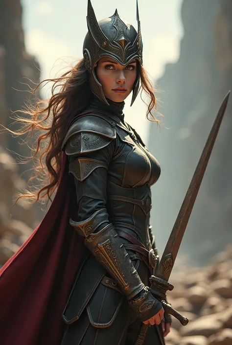 A woman, hero, powerful, smart, beautiful, holding a sword, wearing guardian helmet