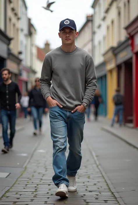 A young, athletic and handsome 2 British man,  dressed in a basic sweater, baggy jeans, sneakers and a new era cap. Walking through the streets of Brighton 