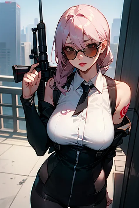 female、lipstick、nihilist、Large Breasts、shoulder、Gorgeous Skin、Exposed Skin、tights、Tattoo、shirt、Light-tinted sunglasses、Sniper、Hunter、Sniperライフル、Skyscraper rooftop