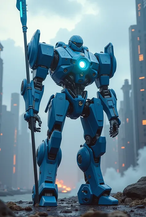 high definition, sky, clouds, spear weapon, glowing, state-of-the-art robot, building, glowing eyes, state-of-the-art mech, science fiction, city, real, blue main mech, core on chest,like Poseidon,