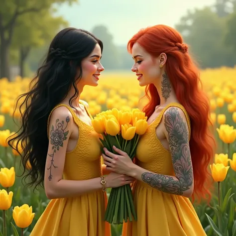 Create an image of two beautiful women demonstrating a beautiful friendship. On the right is a beautiful woman with very long, bright red dyed hair, skin tattooed with runes, wearing a yellow lace dress, handing a bouquet of yellow tulips to another beauti...