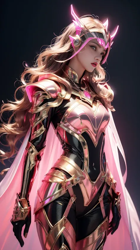 Top quality, masterpiece, ultra high definition, Original photo, 1 Girl, ((slim body)), ((wavy sardine)), cinematic lighting, very long hair, detailed eyes, wind, necklace, piercing, ((metallic cospaly)), ((ironic outfit)), ((pink armor)), ((electric cape)...