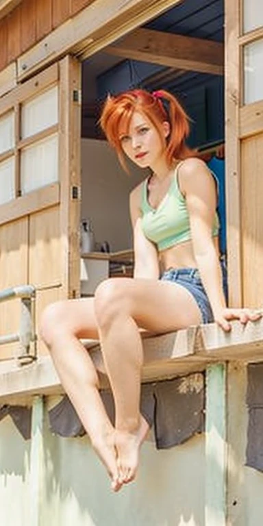 red hair with ponytail, blue eyes, green top, blue short jeans, young girl, sixteen years old.