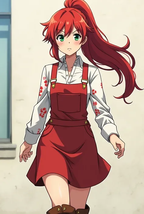 Boku no hero academia anime style, Young woman, oval face, Caucasian skin, freckles, green eyes, intense red and lightly wavy long hair tied in a ponytail, wearing a white cherry patterned blouse with long sleeves, a red pana overalls short dress, brown bo...